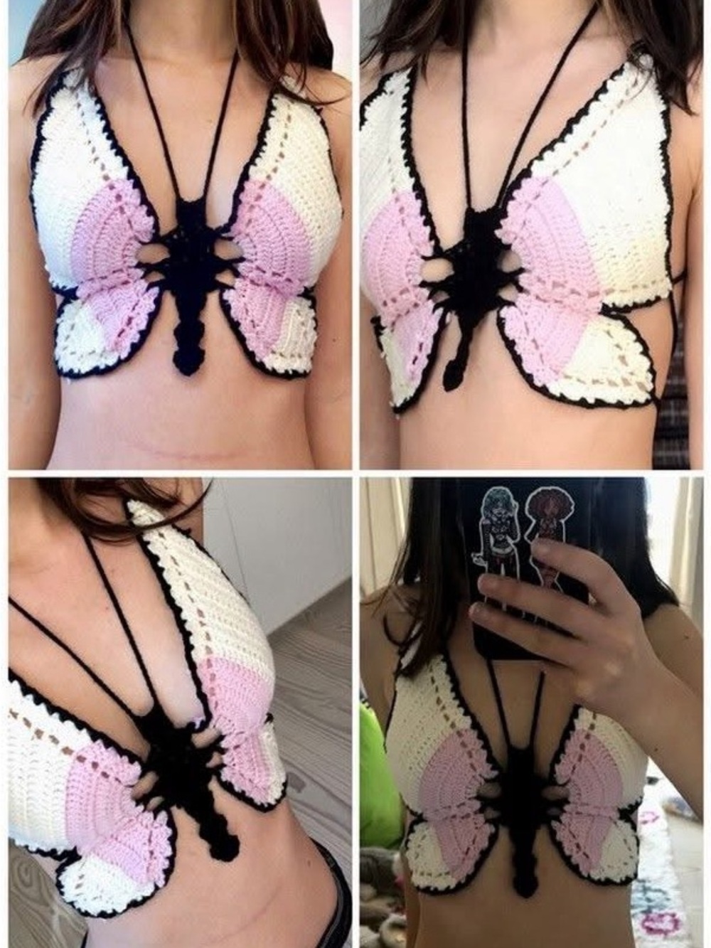 Crochet Butterfly Crop Top - Pink & White